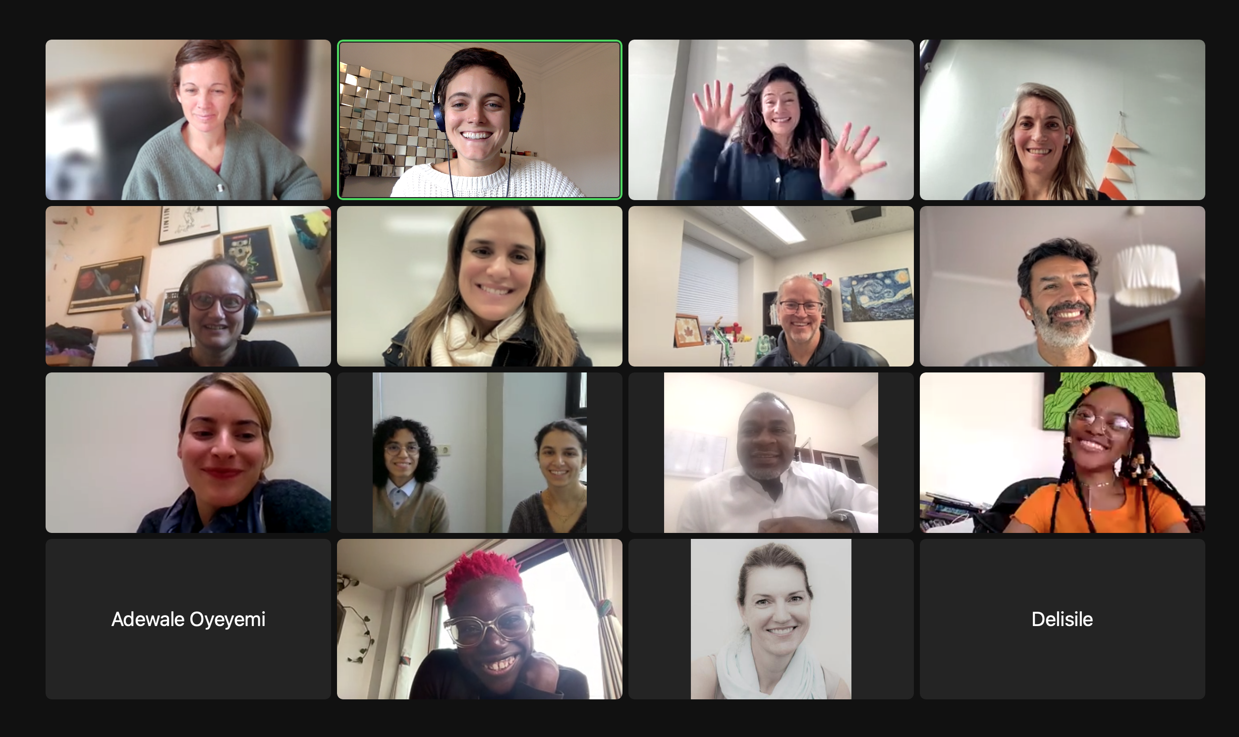 A zoom meeting screen shot with sixteen participants